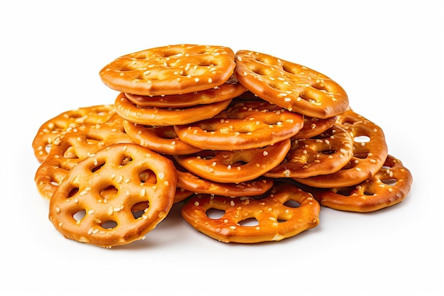 Close up photography of mini pretzels on a white background featuring crunchy cracker pretzels sprin