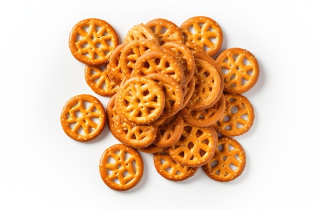 Close up photography of mini pretzels with a salty and crispy cracker texture placed on a white back