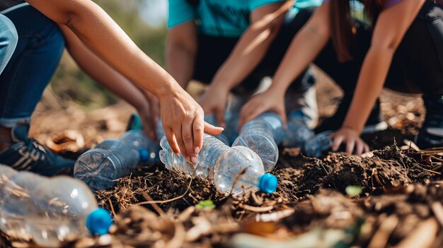 Photo close up photography portrait of a group of women and men hands helping clean there community by picking up old dirty plastic bottles ar 169 job id 95039975a0a24add9c1fc7d149425730