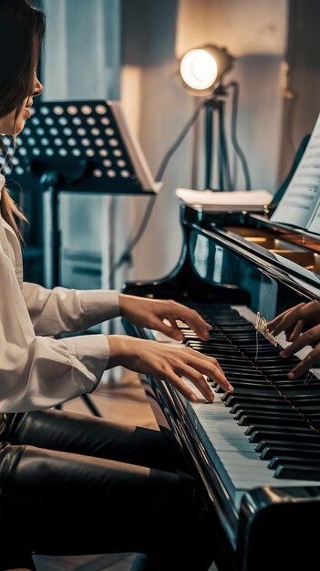 Close Up on Pianist Hands Playing an Exciting Jazz Melody on a Black Grand Piano