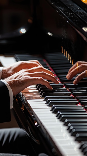 A close up of pianists hands playing grand piano showcasing skill and passion