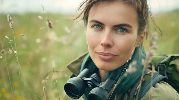 Photo close up picture of caucasian woman environment consultant and binocular aig43