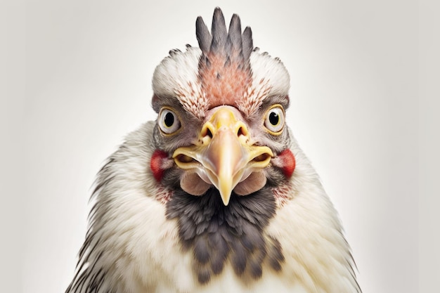 Close up picture of a funny chicken on a white background