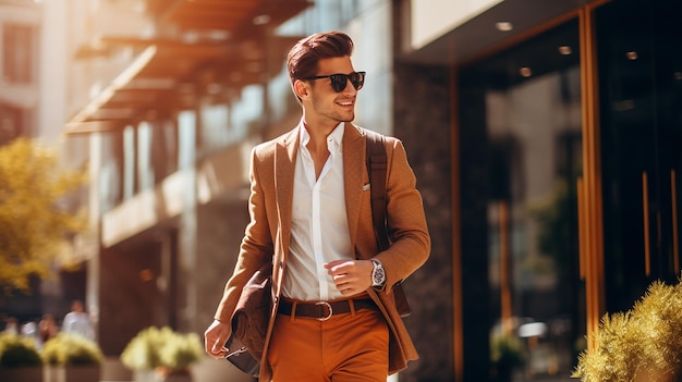 Close up picture of a happy business man in a sunny street