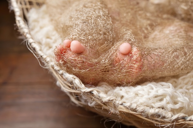 Close up picture of newborn baby feet on knitted plaid in a wattled basket.