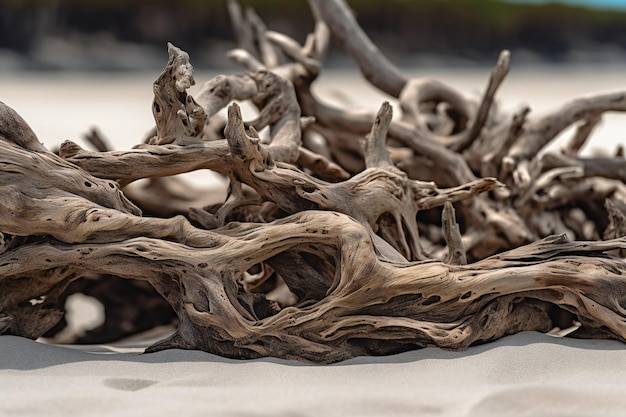 A close up of a piece of driftwood on a beach.