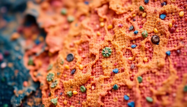 a close up of a piece of orange and red crochet