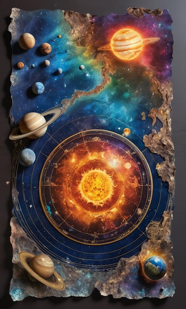 a close up of a piece of paper with a solar system on it