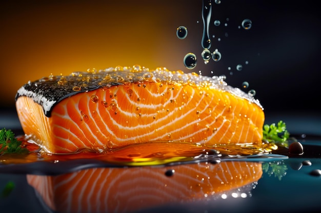 Close up of piece of salmon with bubbles of water on it Generative AI