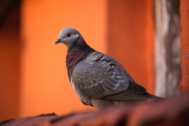 Close up of a pigeon standing on old house with orange red background