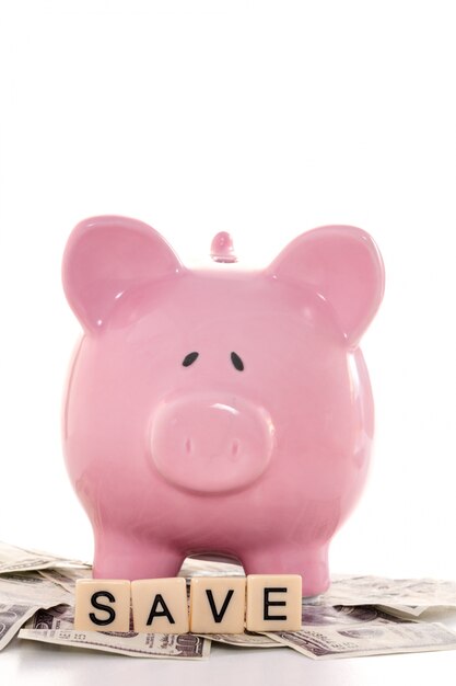 Close up of a piggy bank and save spelled out in plastic letters pieces