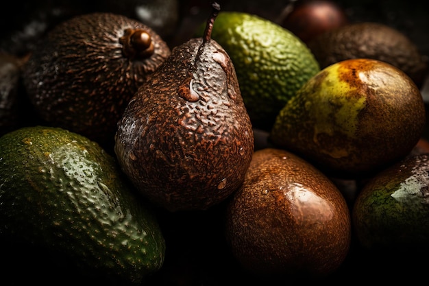 A close up of a pile of avocados with one being a pear