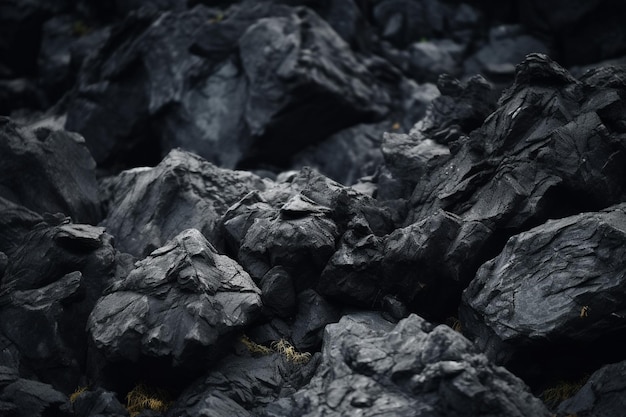 A close up of a pile of black rocks with the word rock on it.