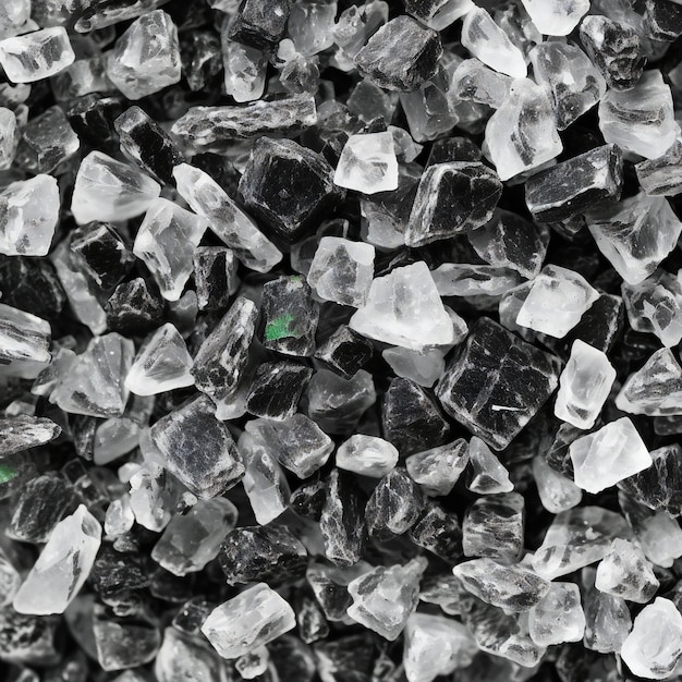 Close up of a pile of black and white rock salt crystals