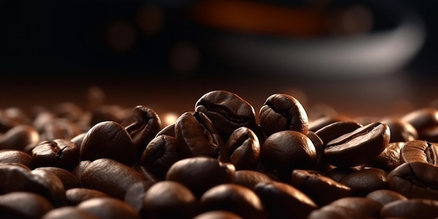 A close up of a pile of coffee beans on a table generative ai