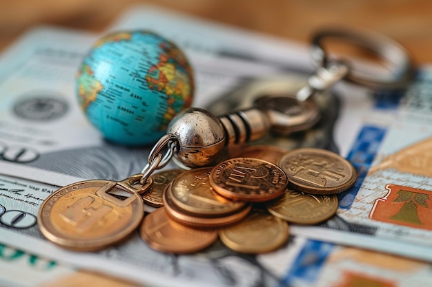 a close up of a pile of coins and a globe with a globe on it