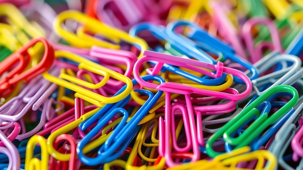 Close up of a pile of colorful paperclips