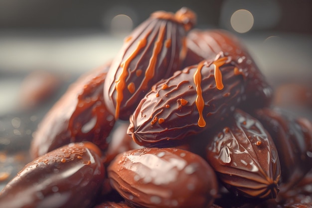 A close up of a pile of dates with caramel drizzled on them