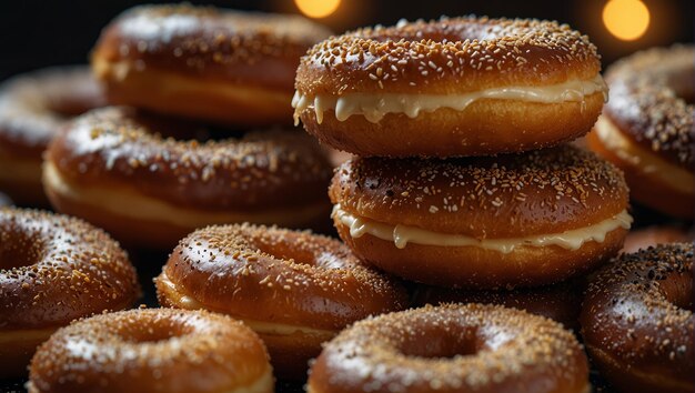 A close up of a pile of donuts on top of each other