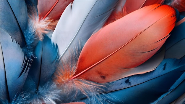 Photo a close up of a pile of feathers with a red and blue feather on