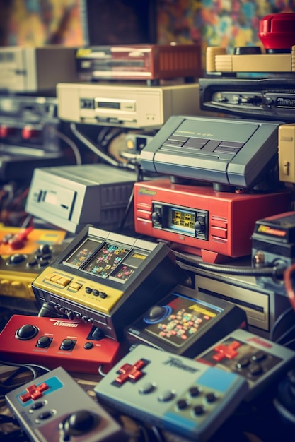 A close up of a pile of nintendo game consoles and controllers generative ai