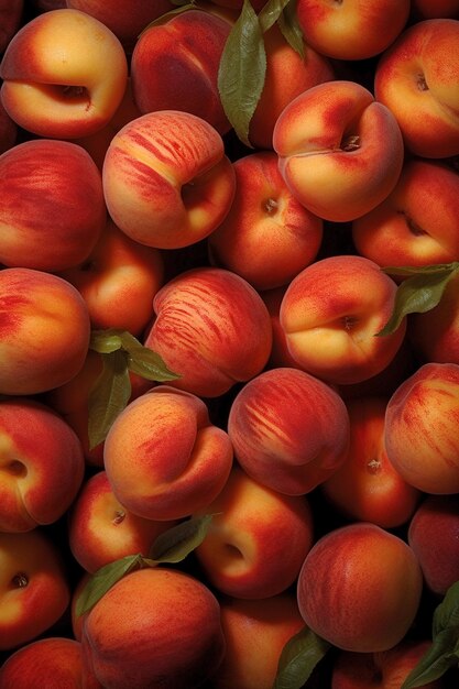 A close up of a pile of peaches