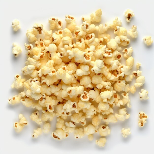 A close up of a pile of popcorn on a white surface generative ai