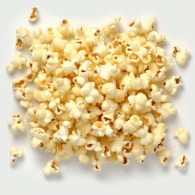 A close up of a pile of popcorn on a white surface generative ai