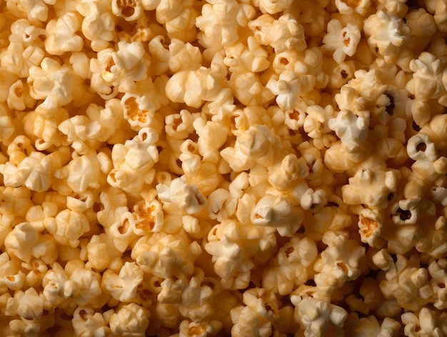 A close up of a pile of popcorn with the word popcorn on it