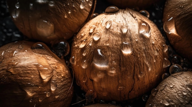 A close up of a pile of wet mushrooms with water droplets on them