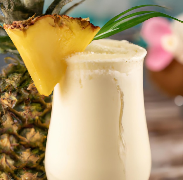 Close up of pina colada drink over blurred background created using generative ai technology