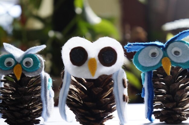 Close-up of pine cones with craft products on table