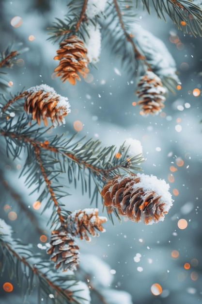 A close up of pine needles with snow on them