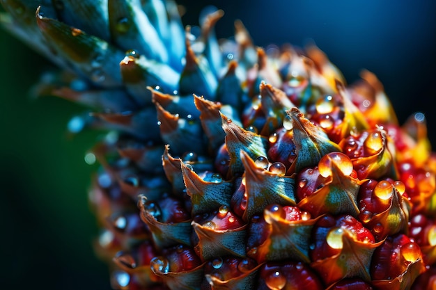 A close up of a pineapple with water drops on it