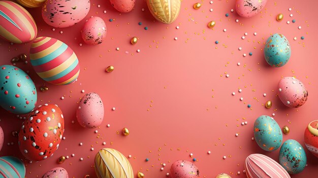 a close up of a pink background with lots of colorful easter eggs