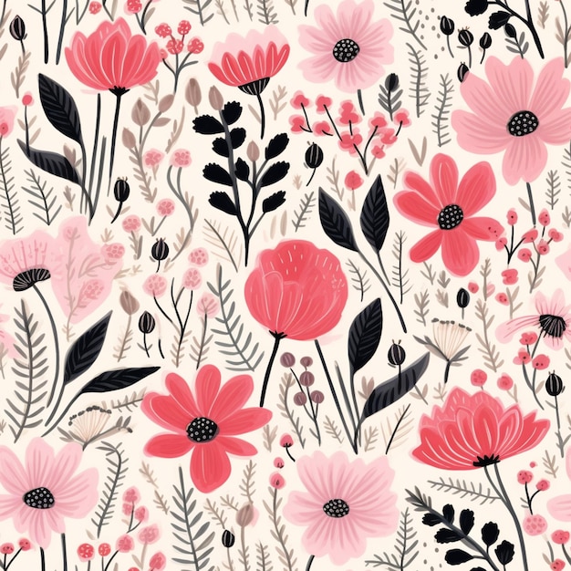 A close up of a pink and black floral pattern on a white background generative ai