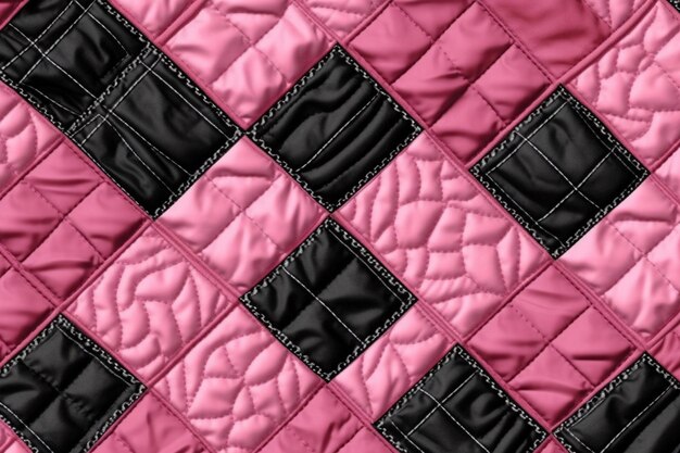 A close up of a pink and black quilted quilt with a diamond design generative ai