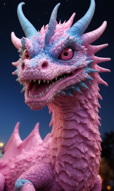 a close up of a pink and blue dragon