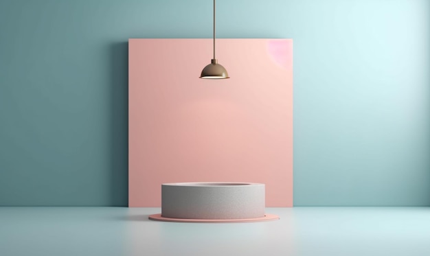 A close up of a pink and blue room with a round table generative ai