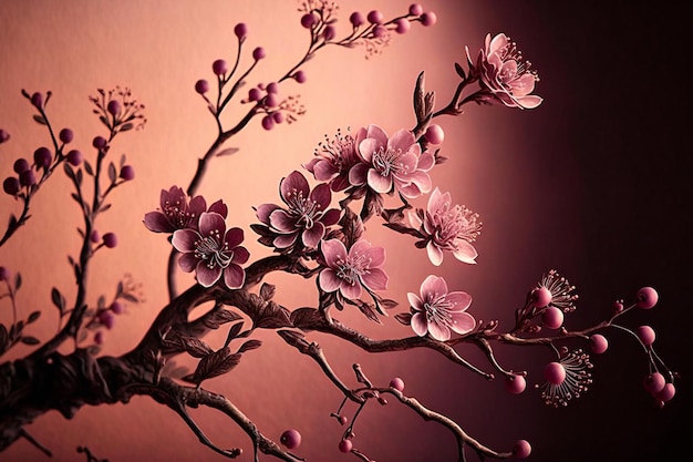 A close-up of a pink cherry blossom, set against a pink gradient background