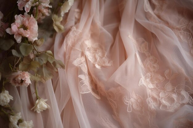 A close up of a pink dress with a bouquet of flowers