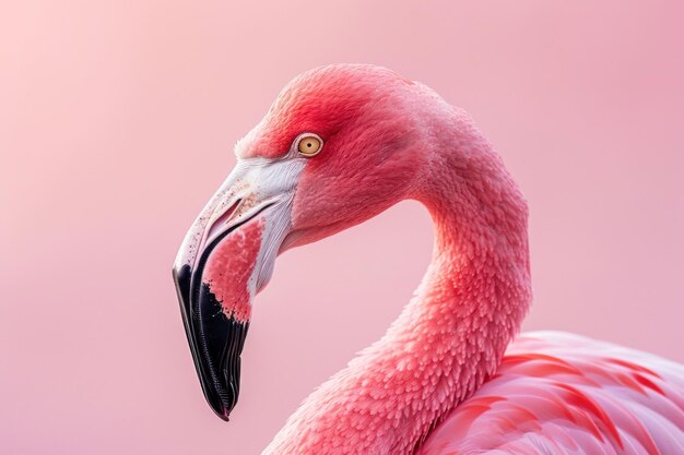 Close up of a pink flamingo against a soft pink background showcasing its elegant curves and vibrant colors