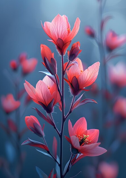 A close up of a pink flower with a blue background