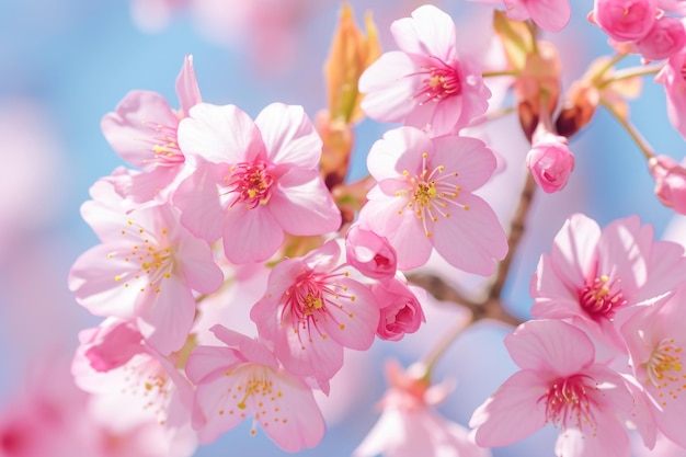 A close up of a pink flower with a blue sky in the background