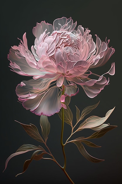 Close up of pink flower with leaves on black background generative ai