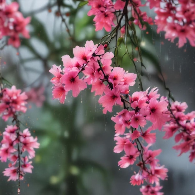 a close up of a pink flower with rain drops