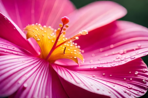 A close up of a pink flower with water droplets on it