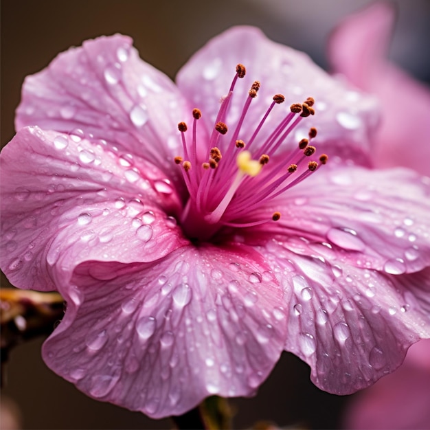 A close up of a pink flower with water droplets on it