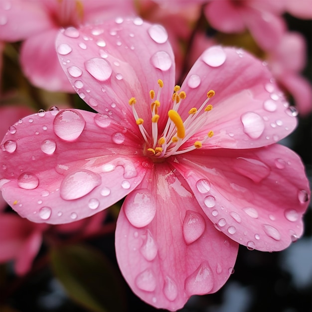 A close up of a pink flower with water droplets on it