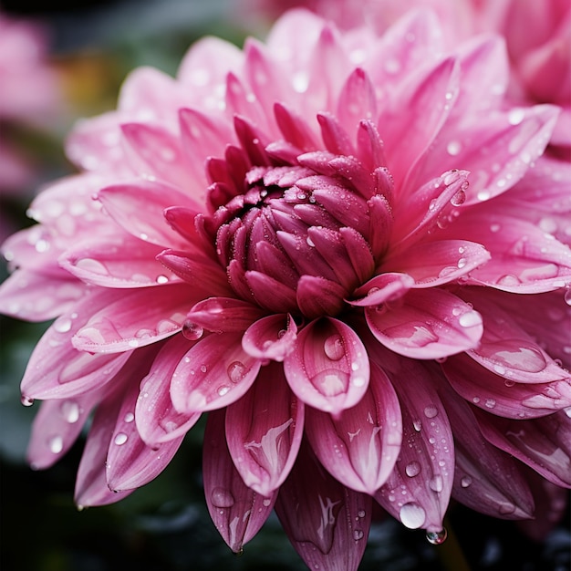 A close up of a pink flower with water droplets on it